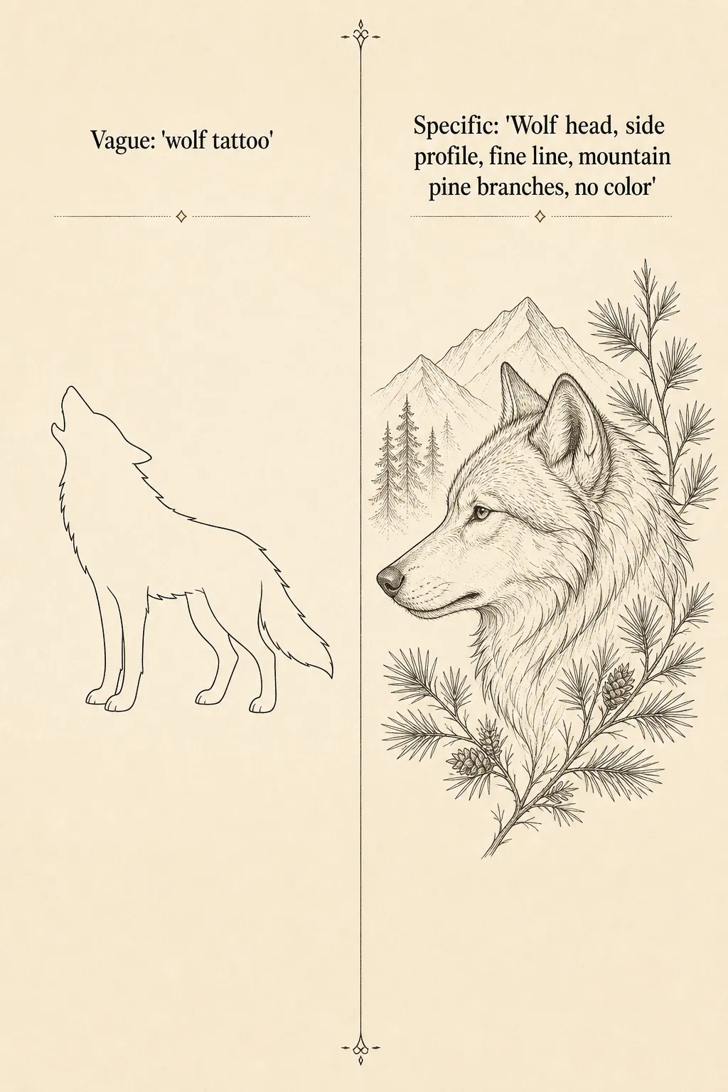 Vague vs specific tattoo prompt comparison example