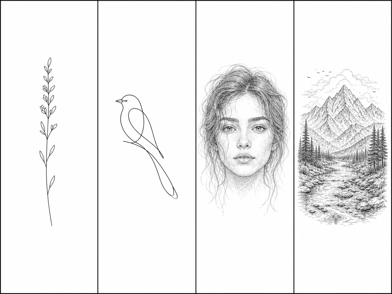 Fine line tattoo subjects: simple botanicals and continuous-line designs versus realistic faces and complex scenes