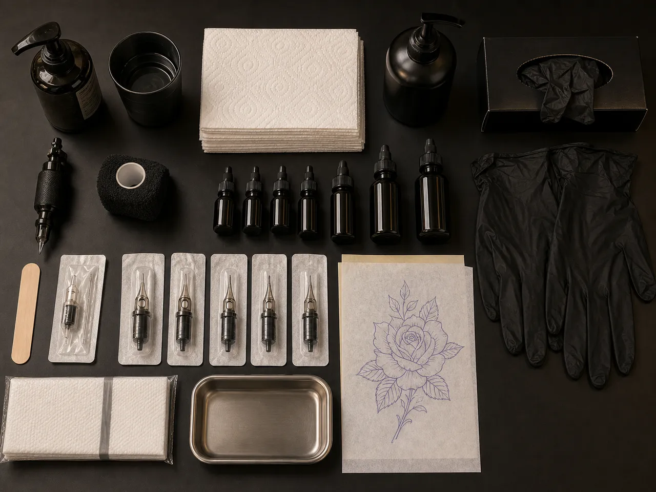 Tattoo studio workstation set up with sterile supplies before a session