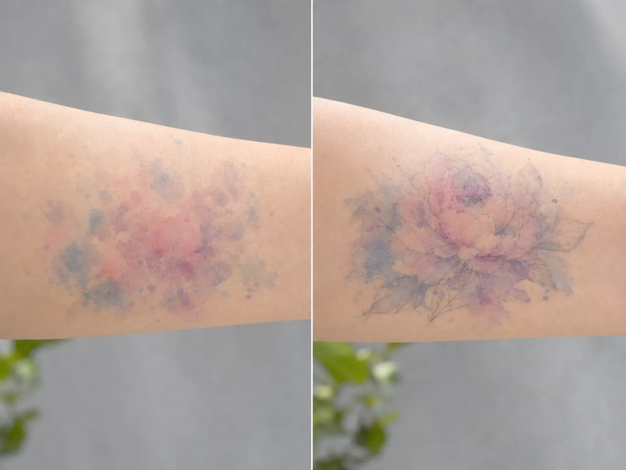 Watercolor tattoo with and without black skeleton underpainting compared at year five