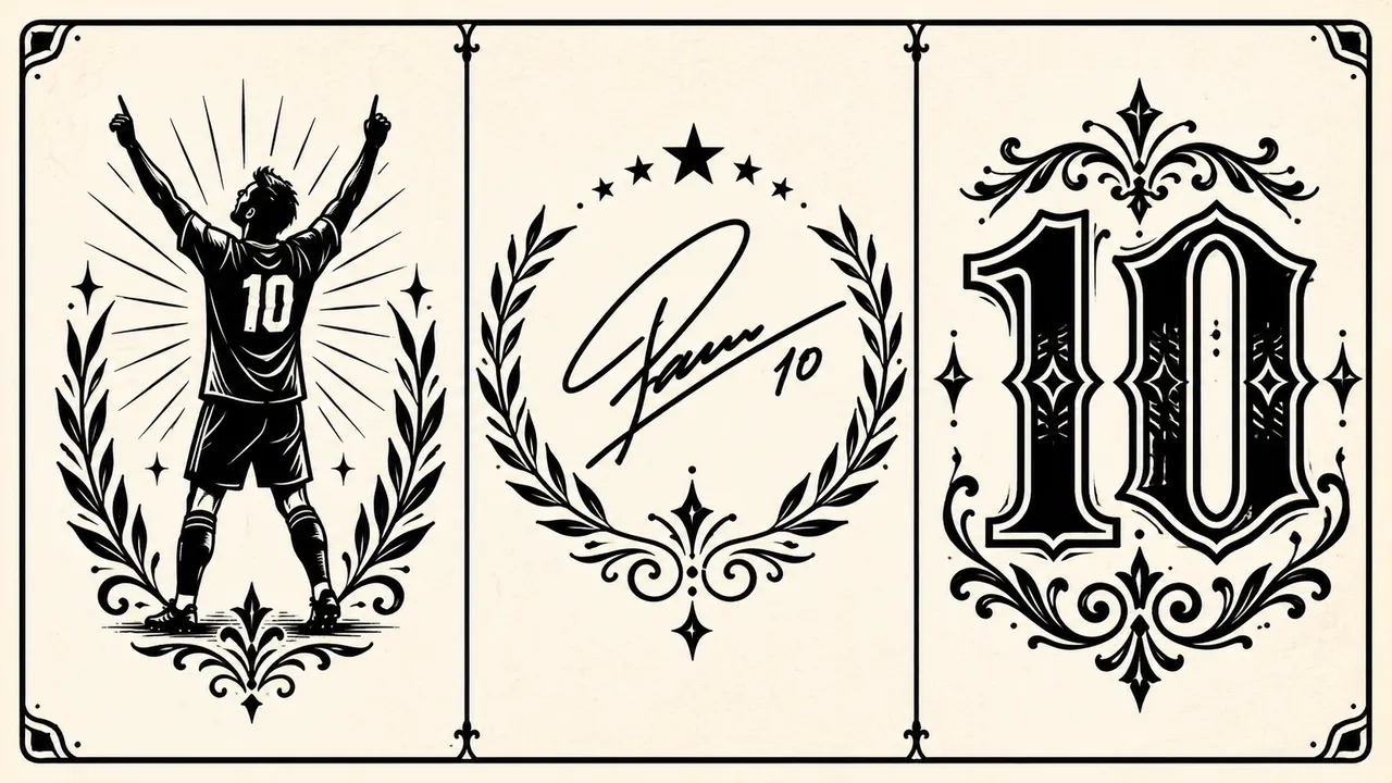 Three football hero tattoo designs — celebration silhouette, signature, and a bold number 10