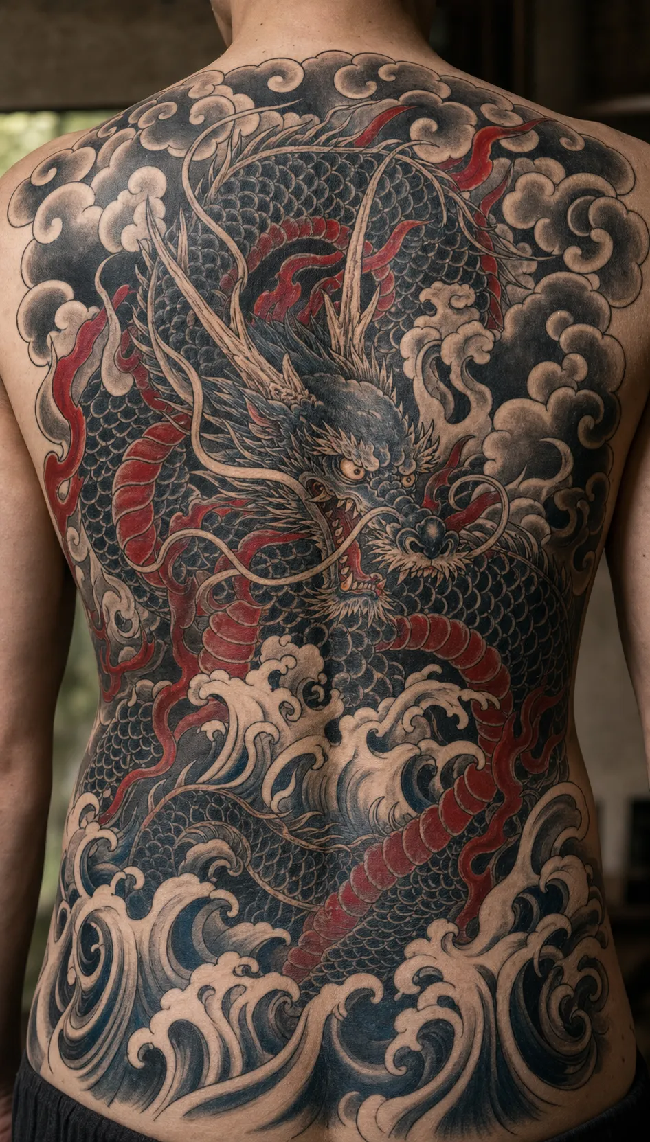 Traditional Japanese tattoo back piece with a dragon framed by waves and cloud bands