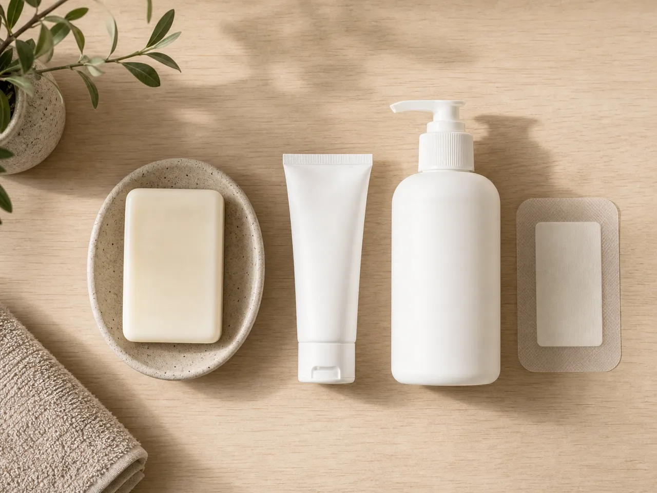 Tattoo aftercare supplies including unscented soap, ointment, and gentle lotion arranged flat