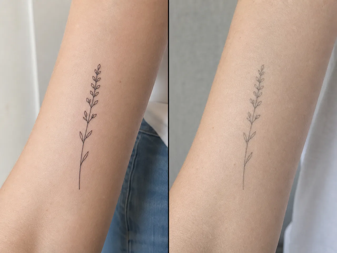 Fine line botanical tattoo at fresh versus aged five years on outer forearm