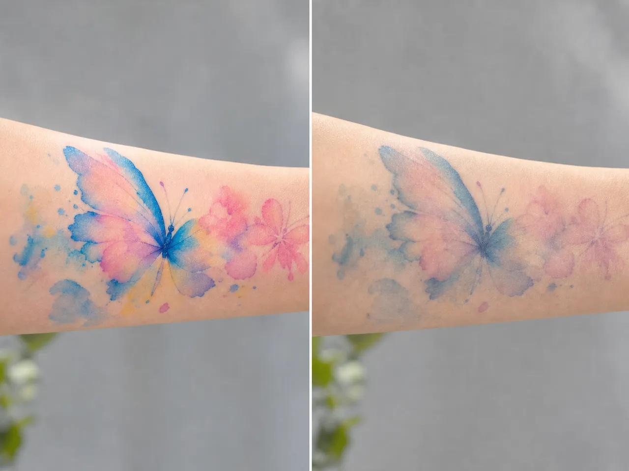 Same watercolor tattoo at fresh state versus five years aged showing pastel and yellow fade