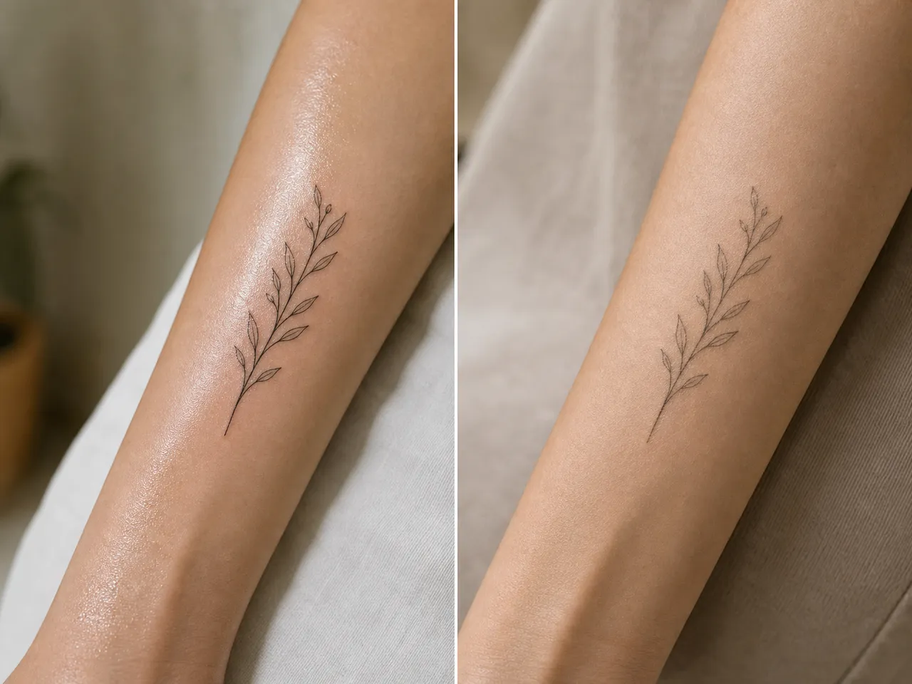 Fresh tattoo (left) vs healed six-month tattoo (right) comparison for evaluating an artist's portfolio