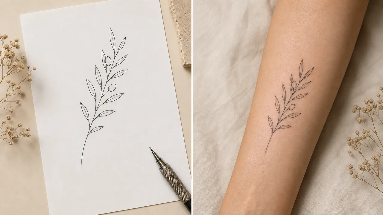Digital tattoo design alongside the finished tattoo on skin