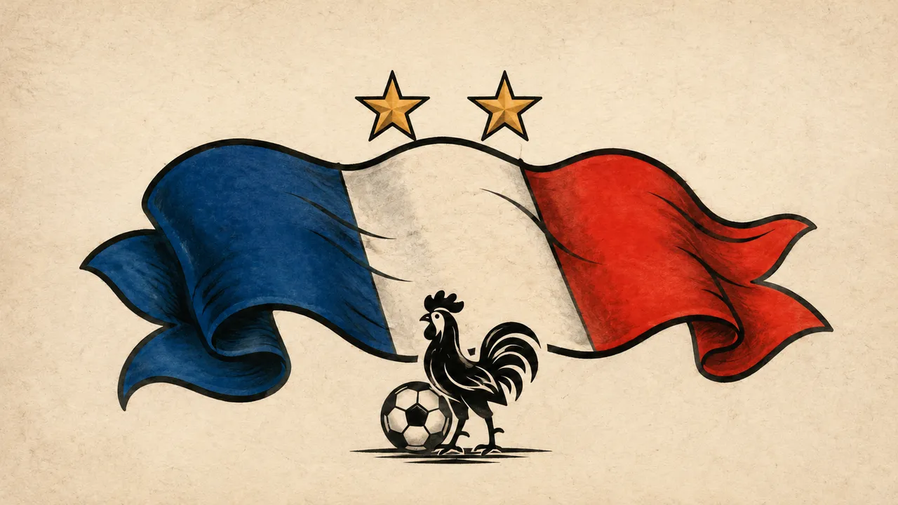 French World Cup tattoo — tricolore banner, two stars, the Gallic rooster and a ball