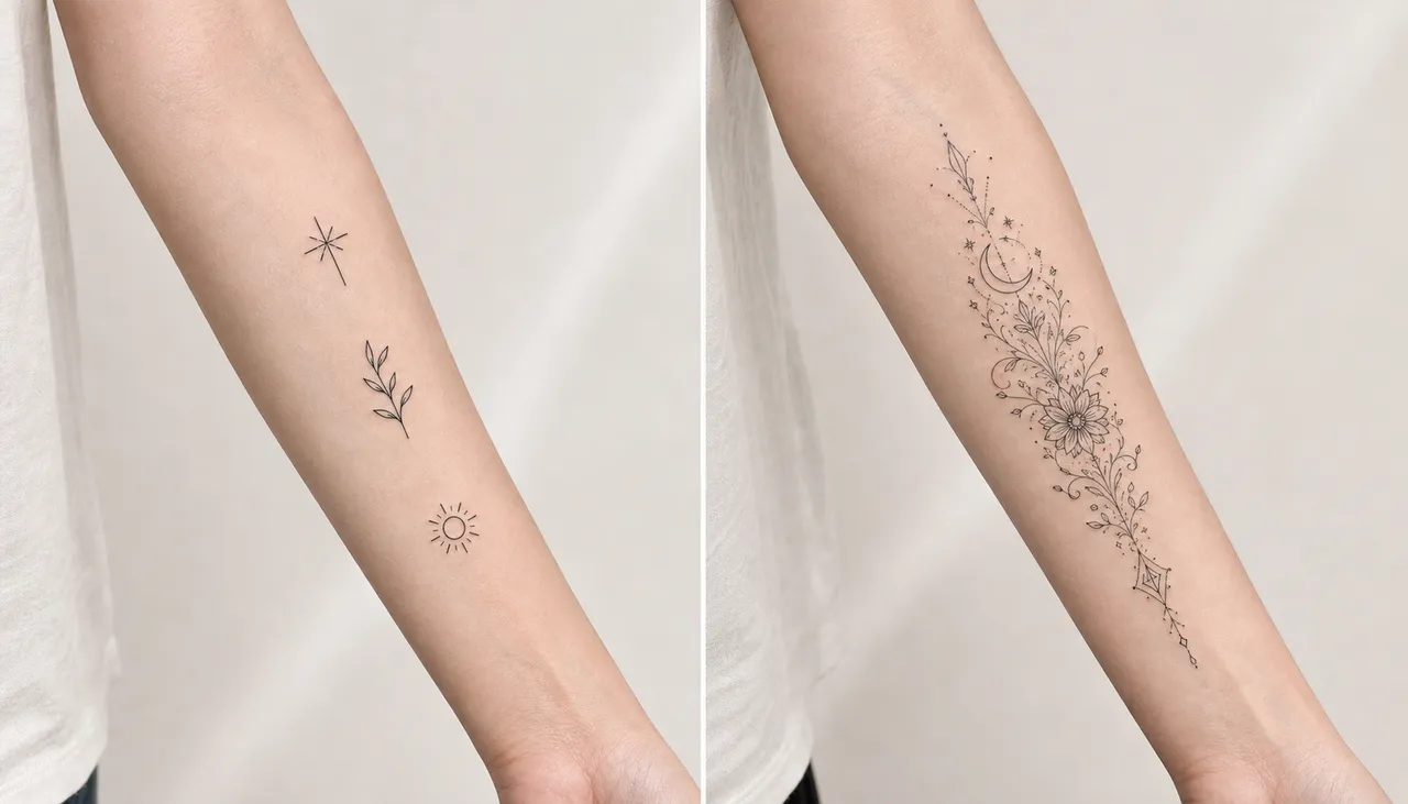 Side-by-side comparison of a minimalist tattoo and a fine line tattoo on the forearm