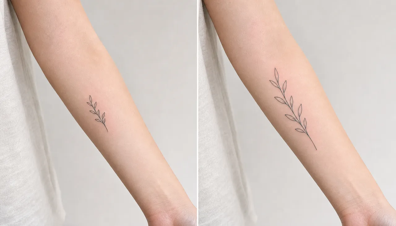 The same minimalist botanical tattoo shown at two-inch and four-inch sizes on a forearm